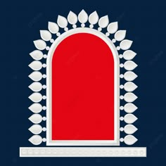 a red door with white decorations on the top and bottom, in front of a blue background