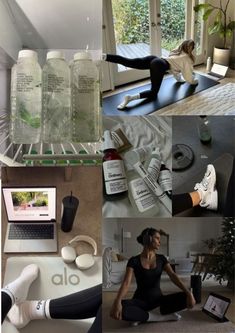 a collage of photos with woman doing yoga, laptop and water bottles on the floor