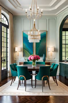 a dining room with blue chairs and a chandelier