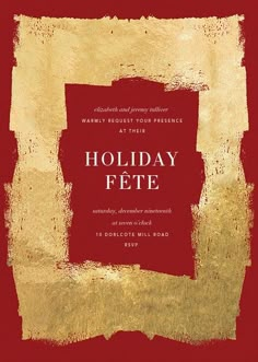 a red and gold holiday card with the words holiday fete written in white on it