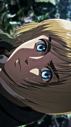 an anime character with blue eyes looking at the camera