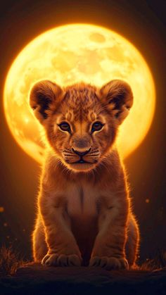 a lion cub sitting in front of a full moon