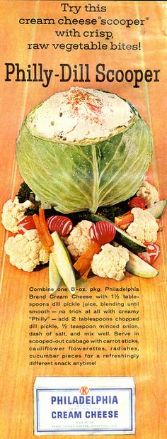 an advertisement for philadelphia cream cheese with vegetables and fruit on the table in front of it