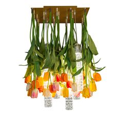 a chandelier with flowers hanging from it's sides and lights on each side