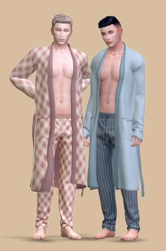 two male mannequins standing next to each other in pajamas and sweaters