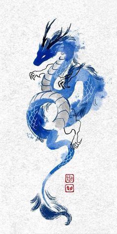 a drawing of a blue dragon with chinese writing on it's chest and tail