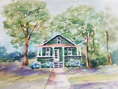 a watercolor painting of a green house with trees and flowers on the front yard