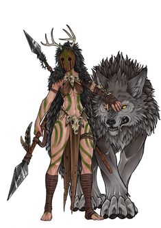 a drawing of a woman with an animal like body and head, standing next to a wolf