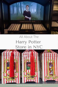 the harry potter store in nyc is decorated with red and white striped boxes for sale