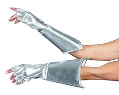 a woman wearing silver gloves with her arms outstretched