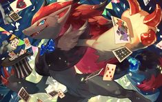 an illustration of a fox surrounded by playing cards and other items in the air,