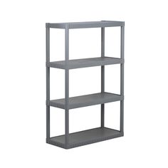 a gray shelf with three shelves on each side