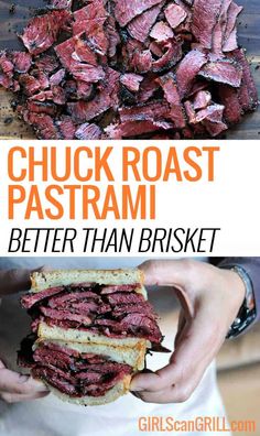 the beef sandwich is cut in half and ready to be eaten with text overlay that reads chuck roast pastrami better than brisk