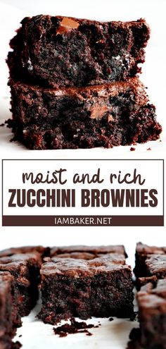 two chocolate brownies stacked on top of each other with the words, moist and rich zucchini brownies