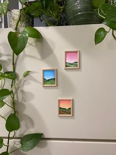 three paintings on the side of a refrigerator next to a potted plant and green plants