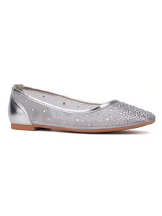 Introducing the Priya flat, where delicate design meets dazzling elegance. This chic flat features a breathable mesh upper adorned with sparkling rhinestone embellishments that catch the light with every step. Combining comfort and style, the Priya flat is perfect for adding a touch of glamour to any outfit, day or night.

• Upper: 100% Faux Leather
• Outsole: 100% Rubber
• Lining: 100% Faux LeatherNew York & Company Women's Priya Ballet Flats Silver Cool,Glamorous,Fashionable        Women Shoes, size features are:Bust: ,Length: ,Sleeve Length: Elegant Silver Pointed Toe Flats, Elegant Silver Ballet Flats With Round Toe, Elegant Silver Pointed Toe Ballet Flats, Luxury Crystal-embellished Ballet Flats For Party, Silver Slip-on Flats With Removable Insole, Chic Flats, Rhinestone Embellishments, Delicate Design, Womens Flats