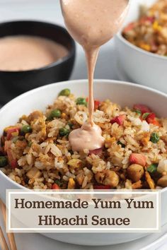 homemade yum chinese hibasi sauce being drizzled over rice in a white bowl