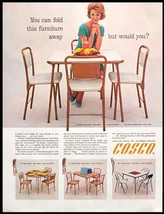 an advertisement for the cosco furniture line featuring a woman sitting at a table with four chairs