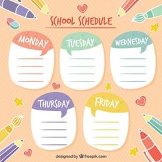 school schedule with colorful crayons and pencils on pink background for kids's day