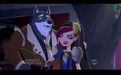 an animated image of a woman and a wolf