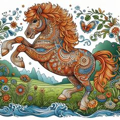 a coloring book with an image of a horse in the middle of flowers and butterflies