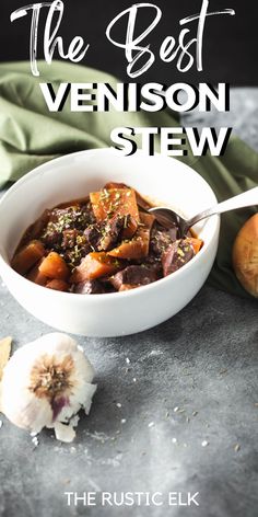 the best venison stew in a white bowl with a spoon next to it