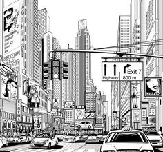 a black and white drawing of a city street with cars, traffic lights, and tall buildings