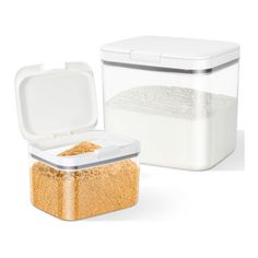 two containers with food in them sitting next to each other on a white surface and one has a lid