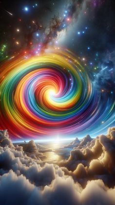 an image of a rainbow swirl in the sky with clouds and stars around it, as if from outer space