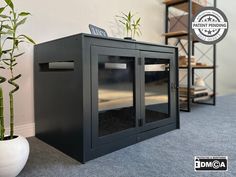 a black cabinet sitting on top of a carpeted floor next to a potted plant