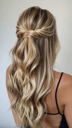 Hoco 2024 Hair, Hair Down Homecoming Styles, Half Up Half Down Hairstyles For Hoco, Hoco Hair And Makeup, Homecoming Half Up Half Down, Hoco Hair Inspo Half Up Half Down, Hairstyles For Hoco Down, Cute Hair For Hoco, Wedding Hair Styles Bridesmaid