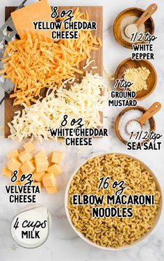 the ingredients to make macaroni and cheese are shown