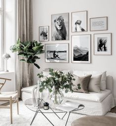 a living room filled with white furniture and pictures on the wall above it's coffee table