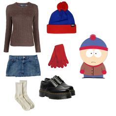 some clothing and accessories are laid out on a white surface, including a beanie, sweater, jeans skirt, socks, gloves, and shoes