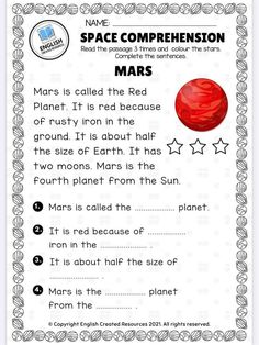 the worksheet for space compension mars is shown in black and white