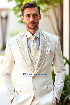 =>UNIQUE CREATION - PLEASE RESPECT COPYRIGHT<= All images and content on this site are exclusively crafted and owned by Paridhanin. Unauthorized copying, sharing, or reproduction is prohibited and will be subject to legal action. This ivory wedding suit exudes elegance and grace, featuring intricate embroidery on the lapels and cuffs. Crafted from premium fabric with a tailored fit, it's designed for the modern groom seeking a sophisticated and refined look. Perfect for making a memorable impression on your special day . The price includes Jacket, pant and vest only. Other accessories if you want like shirt , tie and pocket square will be available on extra cost. For this message us in personalisation box. The suit is meticulously crafted from a luxurious  polyester blended fabric, ensurin Ivory Suit Groom, Outfit For Groom, Groom Suite, Wedding Suit For Men, Mens Wedding Suits, Ivory Suit, Lace Suit, Modern Groom, Party Reception