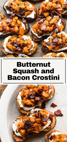 butternut squash and bacon crostini on a white plate with text overlay that reads butternut squash and bacon crostini