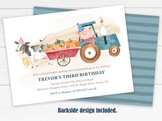 a birthday card with an image of a farm animal pulling a wagon full of pumpkins