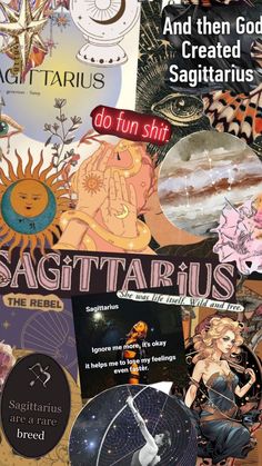 collage of zodiac signs and astro symbols with captions from the book sagittarius