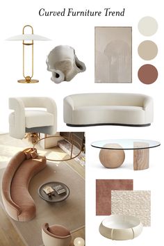 the interior design mood board is shown with neutrals and beiges, including furniture