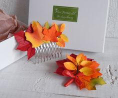 Fall wedding accessories - hair comb and boutonniere with fall leaves made from a foam material. Every detail and the assembly are carefully handmade done. The total length of the hair comb is 3.9" (10 cm) Items will be placed into a GIFT BOX. Unlike real flowers, foam flowers have the following BENEFITS: - Don't crumple. Even if you'll crumple a flower in your hand, it will recover. You can place the item in your handbag and not afraid of damage. Just take it out of your handbag and straighten Fall Wedding Hair, Groom Buttonhole, Floral Hairpiece, Fall Wedding Bridesmaids, Groom Buttonholes, Flower Hair Accessories Wedding, Fall Wedding Hairstyles, Leaf Headpiece, Floral Hair Pieces