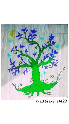 a drawing of a tree with blue flowers and a crescent on the top is shown