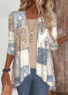 ROTITA Patchwork Geometric Print Long Sleeve Light Cardigan | Rotita.com - USD $26.98 Summer Patchwork Cardigan, Beige Patchwork Cardigan For Spring, Spring Beige Patchwork Cardigan, Beige Long Sleeve Patchwork Cardigan, Spring Open Front Patchwork Cardigan, Button Pumpkin, Handkerchief Hem Top, Light Cardigan, Trendy Tops For Women