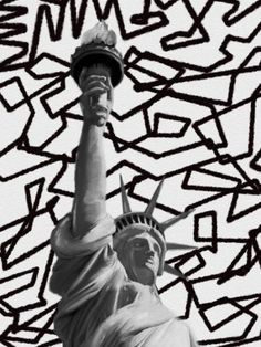 the statue of liberty is depicted in this black and white photo, with graffiti all over it