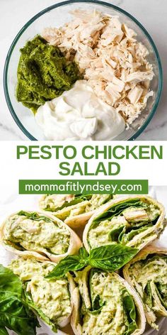 the ingredients for pesto chicken salad are shown here