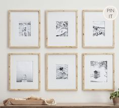 four framed pictures hang on the wall above a dresser with a plant in front of it