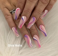 70’s Nails, Abstract Acrylic Nails, Swirls Nails, Pink Tip Nails, Hello Nails, Cherry Nails, Nails Design With Rhinestones, Acrylic Nails Coffin Short