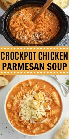 crockpot chicken parmesan soup in a bowl with bread on the side