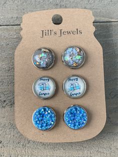 Grey and Blue Happy Camper Faux Druzy Earring 3 Set - Jill's Jewels | Unique, Handcrafted, Trendy, And Fun Jewelry Druzy Earrings, Happy Campers, Druzy, Resin Jewelry, Turquoise Necklace, Grey, Blue