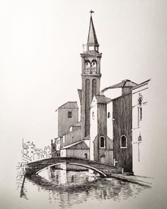 a drawing of a bridge with a clock tower in the background and buildings on both sides